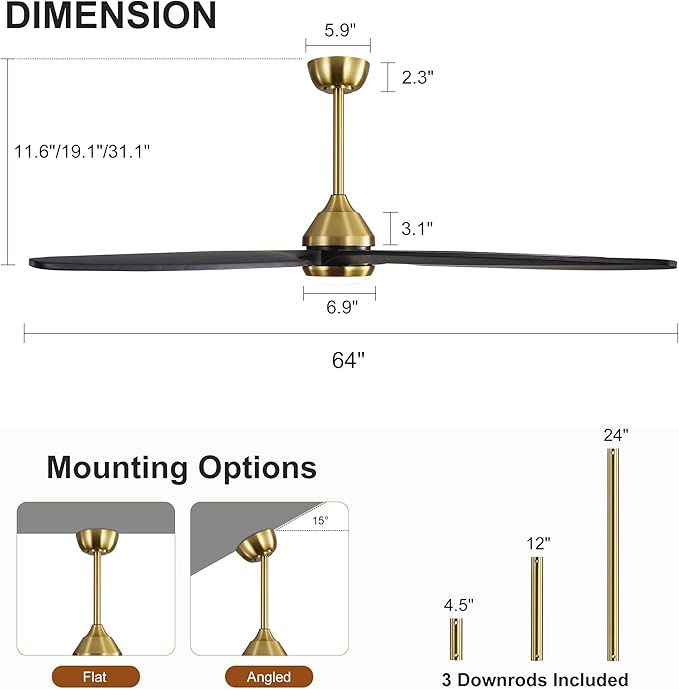 64 Inch Modern Ceiling Fan with Lights and Remote, 5 Wood Blades, 6-Speed Noiseless Reversible DC Motor with Replaceable Downrods for Bedroom Living Room Dining Room, Gold and Black