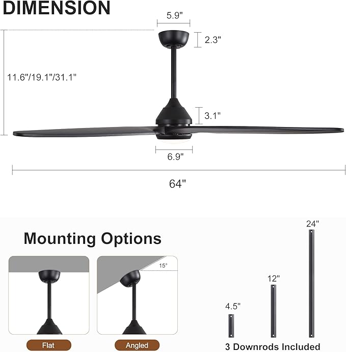 64 Inch Modern Ceiling Fan with Lights and Remote, 5 Wood Blades, 6-Speed Noiseless Reversible DC Motor with Replaceable Downrods for Bedroom Living Room Dining Room, Black