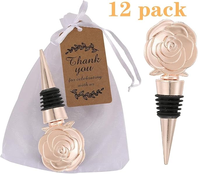 12PCS Rose Beverage Wine Bottle Stopper Wine Caps Reusable Plug Keep Wine Fresh for Birthday Wedding Bridal Shower Favors for Guests Gifts with Kraft Tags(12,Opp Rose Stopper)