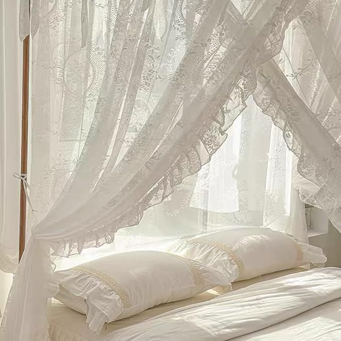 Elegant Lace Princess 4 Corner Post Mosquito Net Romantic for Girls Women Bed Curtain Canopy for Adult Wedding Bedroom Kids Rooms Decoration (Color-A, King)