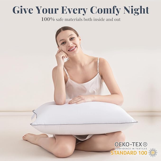 100% Breathable Cotton Cover Cooling Bedding Bed Pillows for Sleeping - Queen Size Set of 2, Hotel-Quality Soft Supportive Fluffy Pillows 2 Pack Full size20*28