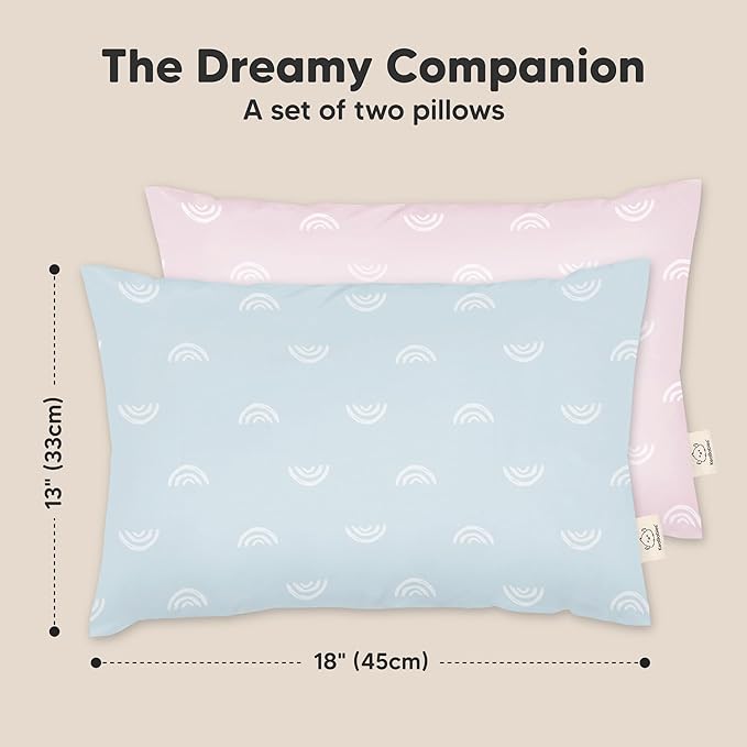 2-Pack Toddler Pillow - Soft Organic Cotton Toddler Pillows for Sleeping - 13X18 Small Pillow for Kids - Kids Pillows for Sleeping - Kids Pillow for Travel, School, Nap, Age 2 to 5(Pastel Rainbow)