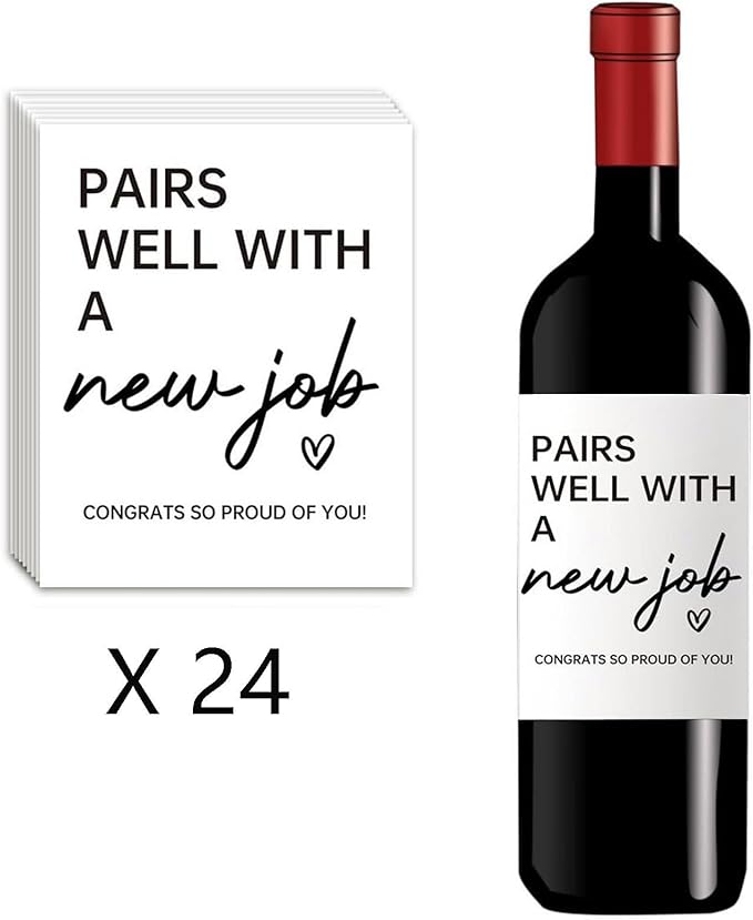24Pcs New Job Wine Labels, New Job Gifts for Women Men, Promotion Goodbye Farewell Leaving Job Gifts for Coworkers Women, Pairs Well with A New Job Wine Bottle Stickers Labels