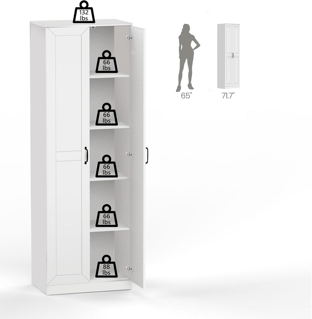 71" Tall Pantry Cabinet/Storage Cabinet, Wood Cupboard with 2 Door and 3 Adjustable Shelves for Kitchen, Dining Room, Living Room, Bathroom (Style 2)