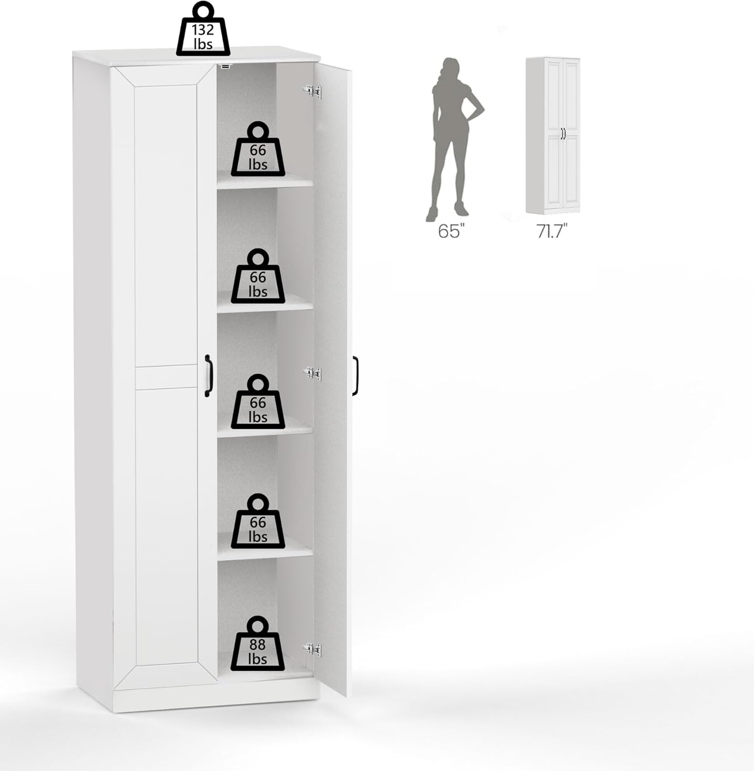 71" Tall Pantry Cabinet/Storage Cabinet, Wood Cupboard with 2 Door and 3 Adjustable Shelves for Kitchen, Dining Room, Living Room, Bathroom (Style 2)