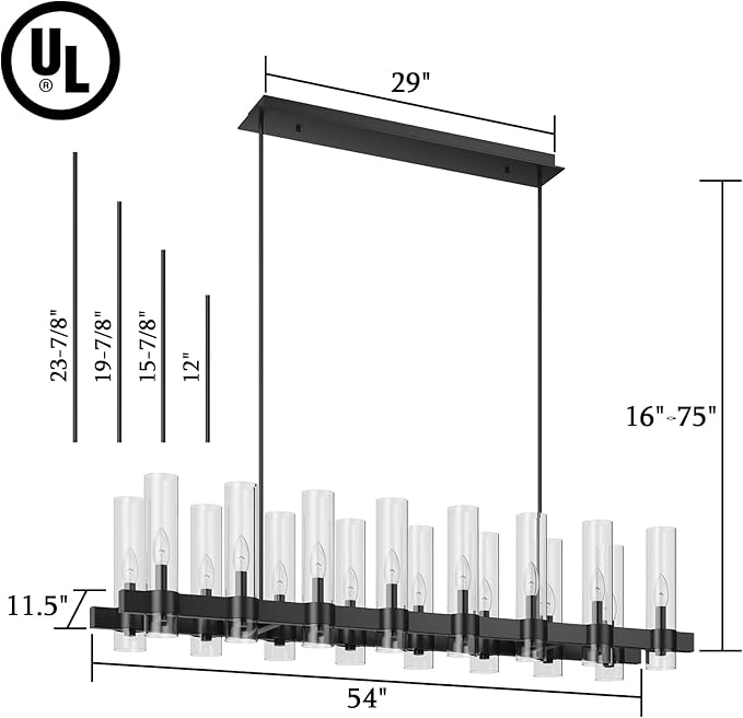 54 Inch Black Chandelier Linear with Clear Glass Shade, 16-Lights Modern Farmhouse Ceiling Pendant Hanging Light Fixture Over Table, for Dining Room, Kitchen Island