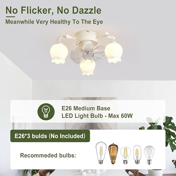 Flower Ceiling Fan with Light: White Flower Fan Lights for Girls Bedroom - Flush Mount Fandelier for Living Room - 3-Light Modern Chandelier with Fan for Home Decor Enthusiasts