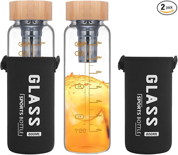 29oz Glass Water Bottle, Leak-Proof, with Stainless Steel Tea Infuser, BPA-Free, Suitable for Office, Car, Gym, and Travel, Reusable, for Hot and Cold Beverages (Circular-29oz-2pcs)