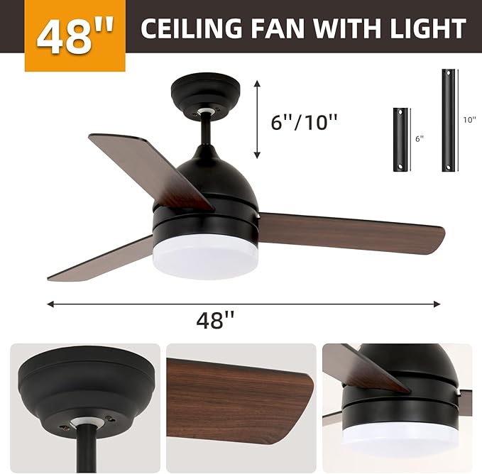 NicBex Ceiling Fan 48 Inch Ceiling Fans with Lights Ceiling Fan with 3 Blades and Remote Control Ceiling Fans with Reversible DC Motor for Bedroom, Living Room, Black