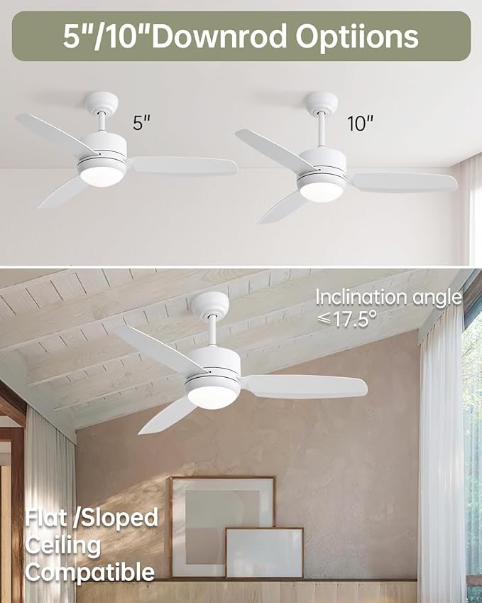 CACI Mall White 46 inch Ceiling Fans with Lights and Remote, Fush Mount low Profile Ceiling Fan, Modern,3 Blade,6 Speed DC Motor,Quiet,Small Ceiling Fan for Bedroom Indoor/Outdoor Use