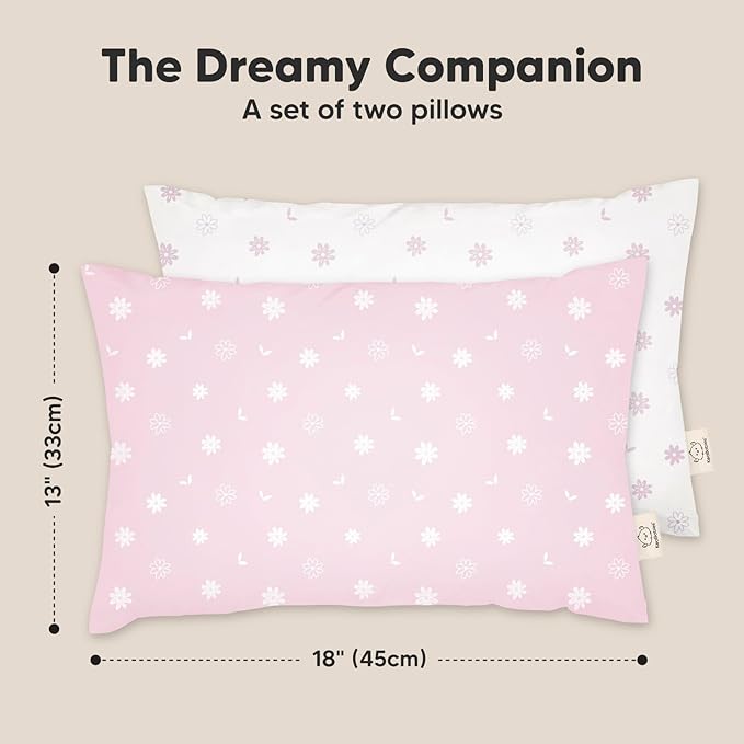2-Pack Toddler Pillow - Soft Organic Cotton Toddler Pillows for Sleeping - 13X18 Small Pillow for Kids - Kids Pillows for Sleeping - Kids Pillow for Travel, School, Nap, Age 2 to 5 (Daisy)
