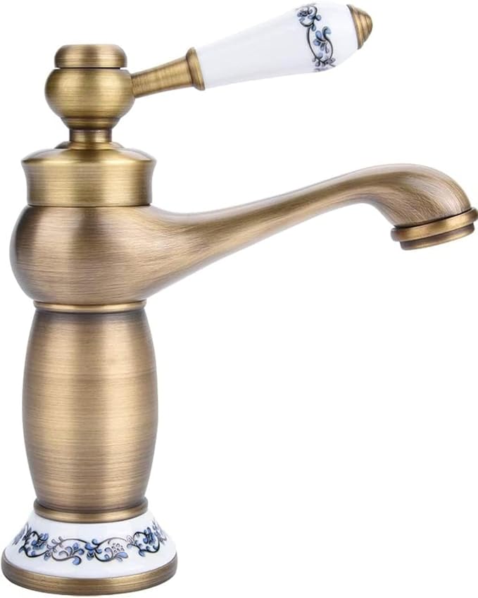 Elegant Bathroom Sink Faucet Single Hole,Cold and Hot Water Basin Sink… (Gold Blue and White Porcelain)
