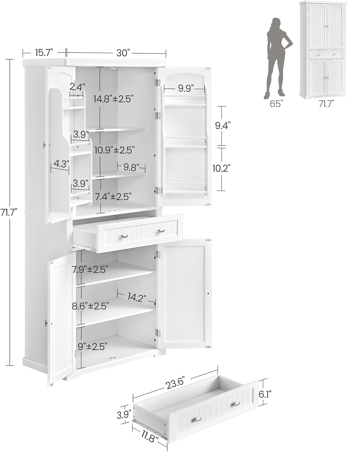 VASAGLE Pantry Cabinet, 71.7-Inch High Freestanding Tall Cupboard Storage Cabinet with a Drawer, 2 Cabinets, 4 Adjustable Shelves, 6 Door Shelves, for Living Room, Kitchen, White UBBC561P31V2