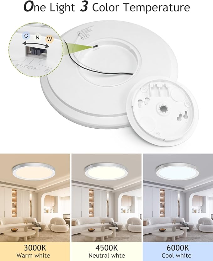 hepside 2PACK Flush Mount LED Ceiling Light Fixture Brushed Nickel, 12Inch 28W, Dimmable 3000K-4500K-6000K 3 Color Selectable Ceiling Lamp 3200LM Low Profile Ceiling Light for Kitchen Bedroom Hallway