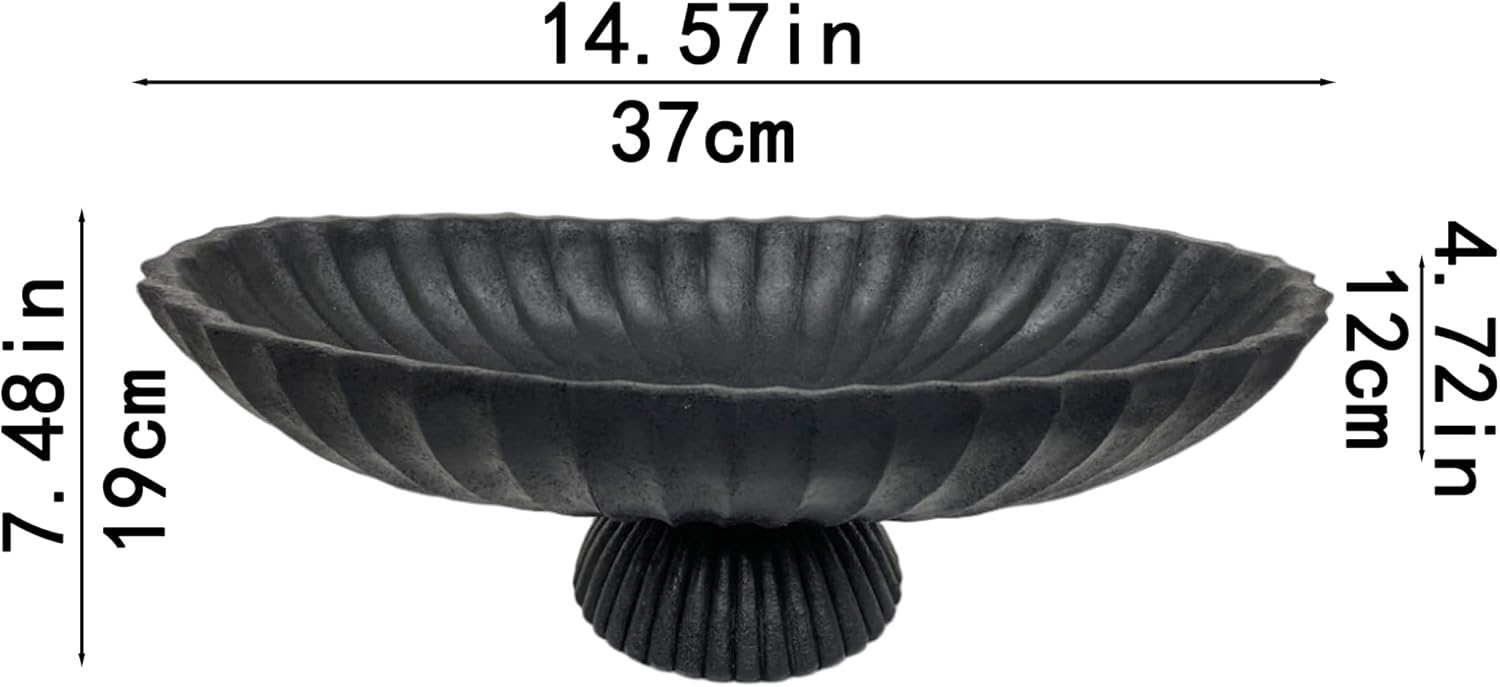 14.5" Large Decorative Long Bowl - Black Fluted Scalloped Decorative Bowls for Home Decor - Ruffle Decor,Stylish Key Bowl for Entry Table,Decorative Fruit Bowls for Kitchen Counter