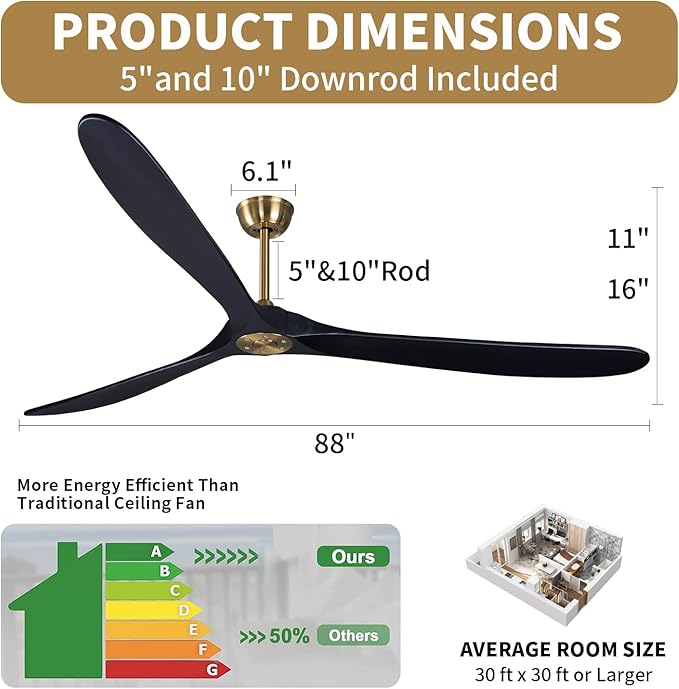 Bigzone 88" Outdoor Ceiling Fan With Remote Control, DC Motor Quiet Energy Saving,3 Black Balsa Wood Blades,Outdoor/Indoor Ceiling Fan With Reversible Blades