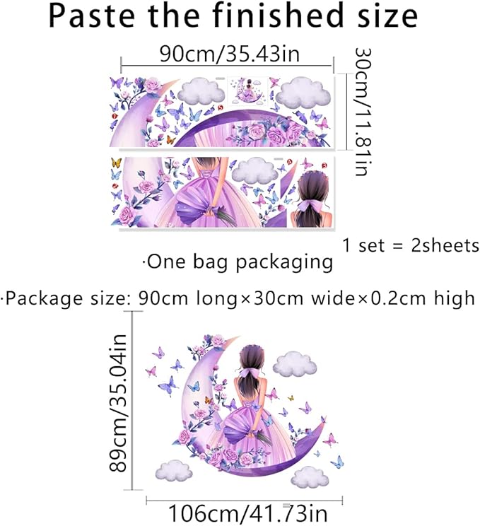 2 Sheets Princess Wall Decals Girls Room Purple Rose Floral Wall Stickers Removable Fariy Wall Decals Peel and Stick Butterfly Room Decor for Girls Bedroom Office Kids Nursery with Moon & Clouds
