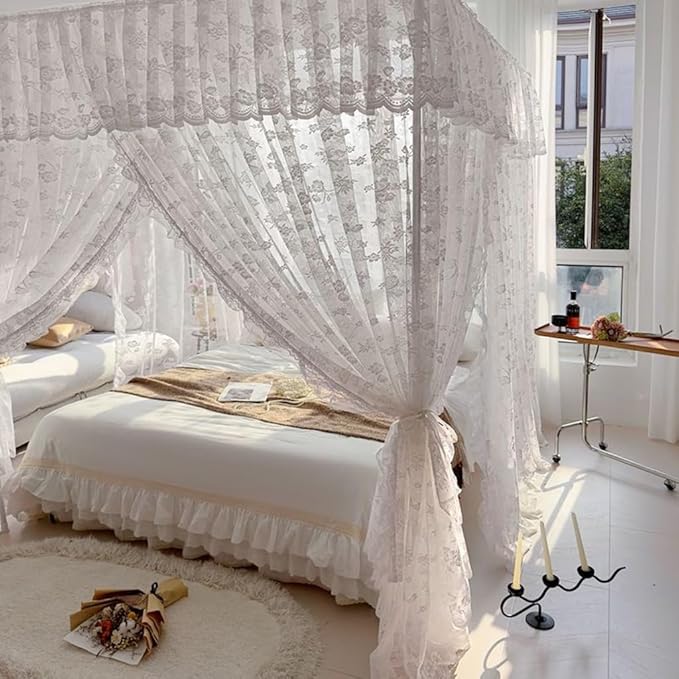 Elegant Princess 4 Corner Post Mosquito Net Romantic for Girls Women Bed Curtain Canopy for Adult Wedding Bedroom Kids Rooms Decoration (Type2-Beige-White, Full)