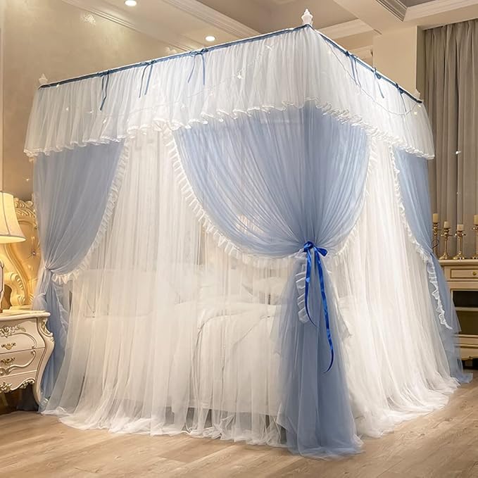 Mengersi Canopy Bed Curtains with Lights,4 Corner Bed Canopy Royal Luxurious Bed Drapes Netting,Princess Bed Curtains for Girls Adults Bedroom Decoration (Gray Blue, King)