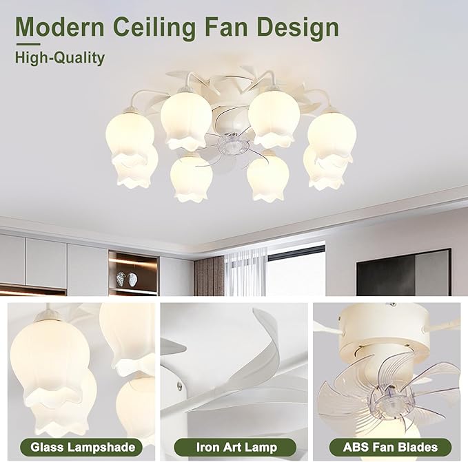 Flower Ceiling Fan with Light: White Flower Fan Lights for Girls Bedroom - Flush Mount Fandelier for Living Room - 8-Light Modern Chandelier with Fan for Home Decor Enthusiasts