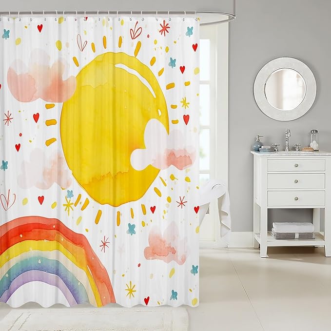 Feelyou Boys Girls Rainbow Shower Curtain Sun Bath Curtain Colorful Bathroom Shower Curtain Set Kids Cute Cartoon Teens Bathroom Accessories Room Decor 72"x72"
