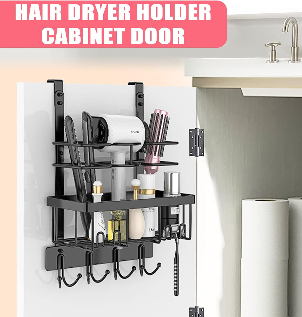 REFLYING Over-the-Door Hairdryer and Styling Tool Organizer, Metal, Black, 3 Compartments, 8 Hooks, 15"H x 10"W x 4.7"D