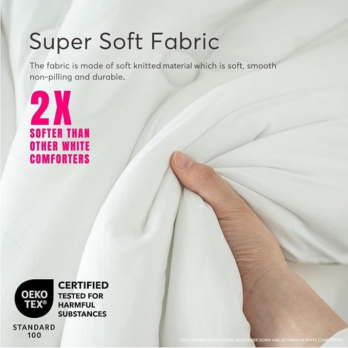 KASENTEX Super-Duper Ultra Soft Lightweight Jersey Knit Queen Comforter Set, Smooth Bed Set, 3 Piece Solid Breathable Bedding - Light Plain White Comforters Queen Size with 2 Pillow Cases, 88x90in