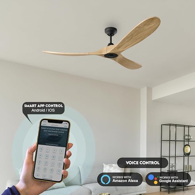 3MAVSM60MBKNH Smart Maverick Ceiling Fan with Remote Control, Indoor or Outdoor, Compatible with Alexa & Google Voice (Midnight Black with Natural Honey Blades, 60-inch)