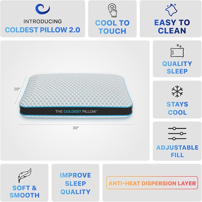 The Coldest Pillow - Adjustable Fill, Washable Cover, and Best for Breathable Cool While Sleeping -Premium (Queen)