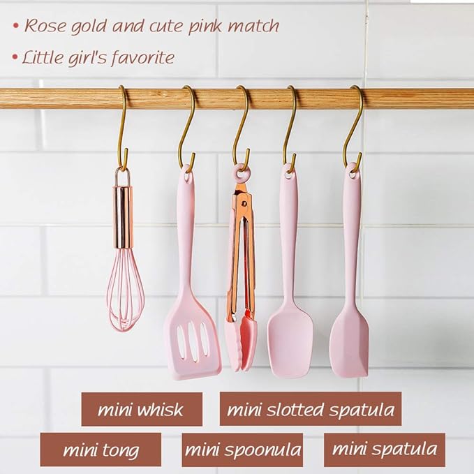 Rose Gold and Pink Kitchen Utensil Small Five-Piece Set Mini Silicone Kids Kitchen Tools Whisk Spatula Tongs Spoon and Slotted Spatula(Kids Baking Supplies)