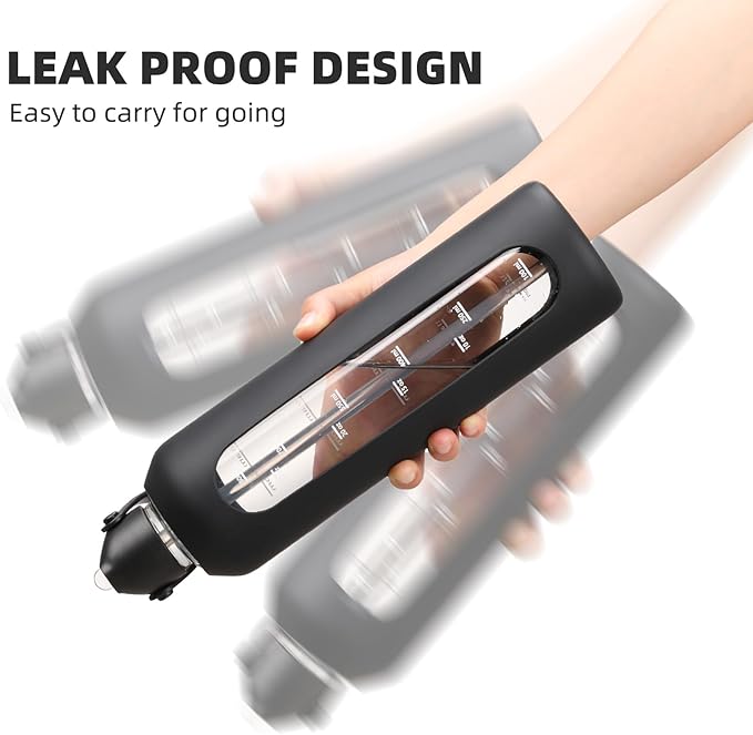 32 oz Glass Water Bottles with Straw Borosilicate Glass Water Bottle with Time Marker Motivational Water Bottles with Silicone Sleeve Leak Proof Reusable BPA Free