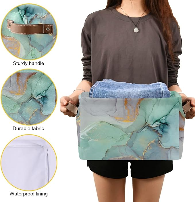 Green Tie Dye Storage Basket Fabric Storage Bin Laundry Baskets Marble Turquoise Foldable Storage Boxes Organizer Bag for Baby Cloth Dog Toy Book Storage Cubes Shelf Closet Basket 16×12×8 Inches