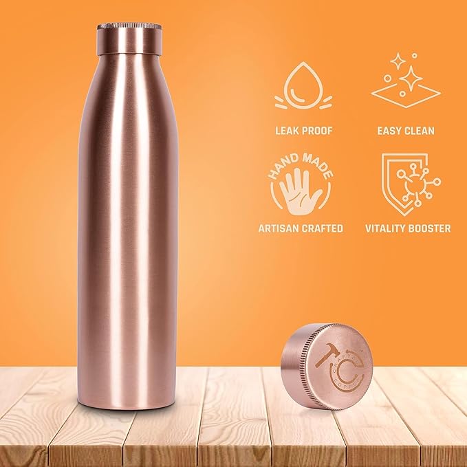 34 Oz Extra Large Smooth Finish 100% Pure Copper Water Bottle For Drinking | Leak Proof Design And Carrying Pouch | Drink More With Healthy Benefits Immediately