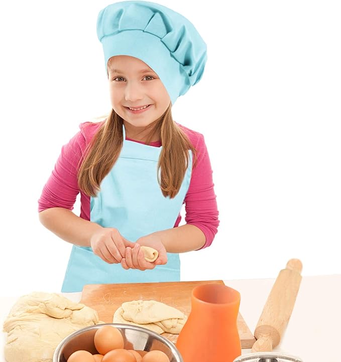 Kids Apron and Chef Hat Set-Adjustable Child Apron for Boys and Girls for Cooking Baking Light Blue