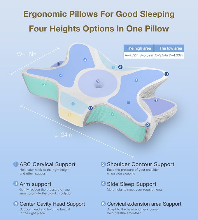 Cervical Pillow for Neck and Shoulder Pain Relief,Ergonomic Pillow Cozy Sleeping,Contour Pillows/Memory Foam Bed Pillow for Side,Back and Stomach Sleepers (White+Grey)
