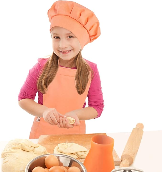 Kids Apron and Chef Hat Set-Adjustable Child Apron for Boys and Girls for Cooking Baking Light Orange