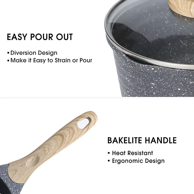 JEETEE Pots Nonstick, 1.5 Quart & 2.5 Quart Induction Granite Coating Saucepan Sets with Glass Lid & Pour Spout, PFOA Free (Grey, 4pcs Pots Set)