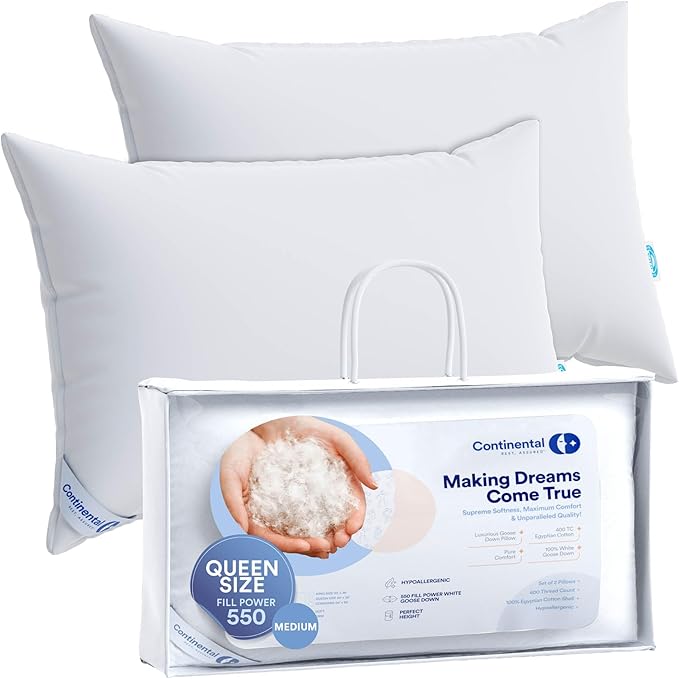 Continental Bedding Medium Queen Set of 2 White Down Pillows 25 Ounce 550FP Hotel Down Pillows for Supporting Back Side and Stomach Sleepers