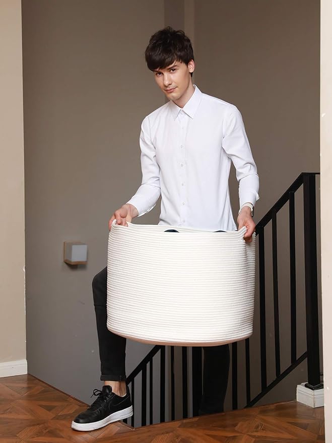 24" x 24" x 17" Max Size Large Cotton Rope Basket, Extra Large Storage Basket, Woven Laundry Hamper, Cloth Storage Bin, for Blankets Clothes Towels Pillows in Living Room, All White