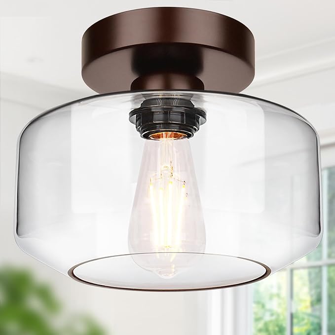 Industrial Semi Flush Mount Ceiling Light Brown, 800 Lumen LED Bulb Included, Clear Glass Shade Ceiling Light Fixture, Light Fixture for Hallway Bathroom Bedroom, Vintage Hanging Light Fixtures