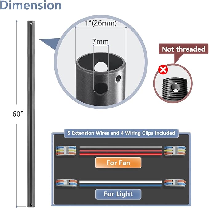 60" Ceiling Fan Downrod, 【1 Outside Diameter】 Black Extended Downrod, including 4 Wire Connectors and 5 Extension Wires (No Threads)
