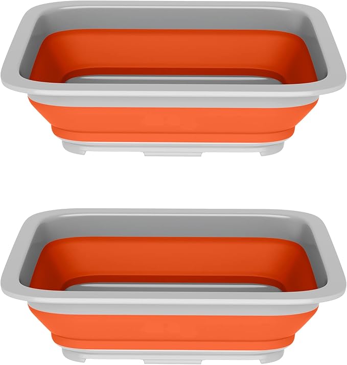 Set of 2 Multipurpose Wash Bins – 10-Liter Basins for Travel or Cleaning – Collapsible Bucket Camping Accessories by Wakeman (Orange)