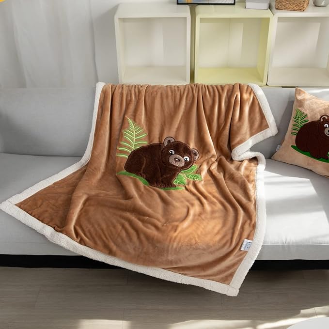 COSUSKET Kids Brown Bear Throw Blanket, 3D Animal Embroidery Sherpa Blanket Girls Boys Gifts