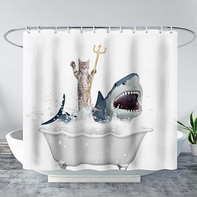 AILONEN 3D Bathtub Shark Shower Curtain for Kids 120 * 180 Inch,Cat Riding Shark in a Bathtub Shower Curtain,12 Pack Hooks Polyester Waterproof Fabric Decor for Bathroom Bathtub Panels