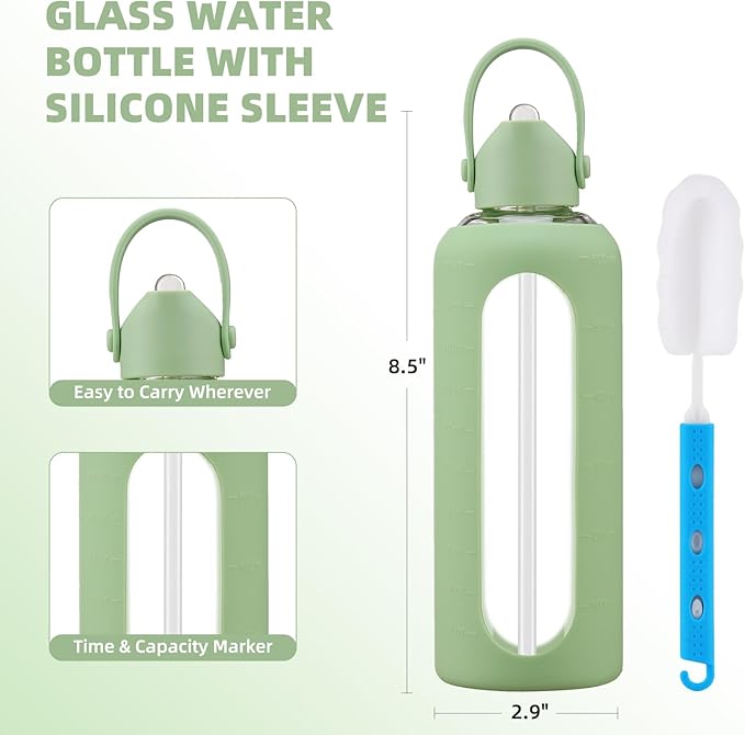 20 oz Glass Water Bottles with Straw Borosilicate Glass Water Bottle with Time Marker Motivational Water Bottles with Silicone Sleeve Leak Proof Reusable BPA Free
