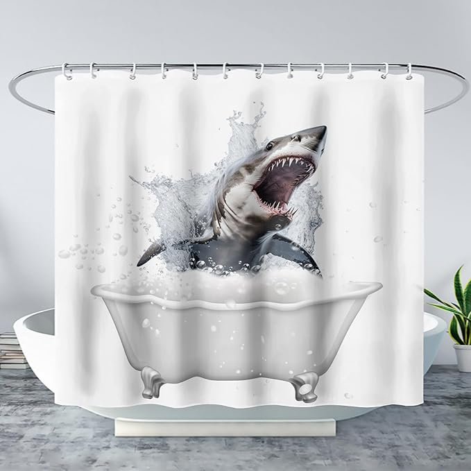 AILONEN 3D Bathtub Shark Shower Curtain for Kids 180 * 210 Inch,Fierce Shark in a Bathtub Shower Curtain,12 Pack Hooks Polyester Waterproof Fabric Decor for Bathroom Bathtub Panels