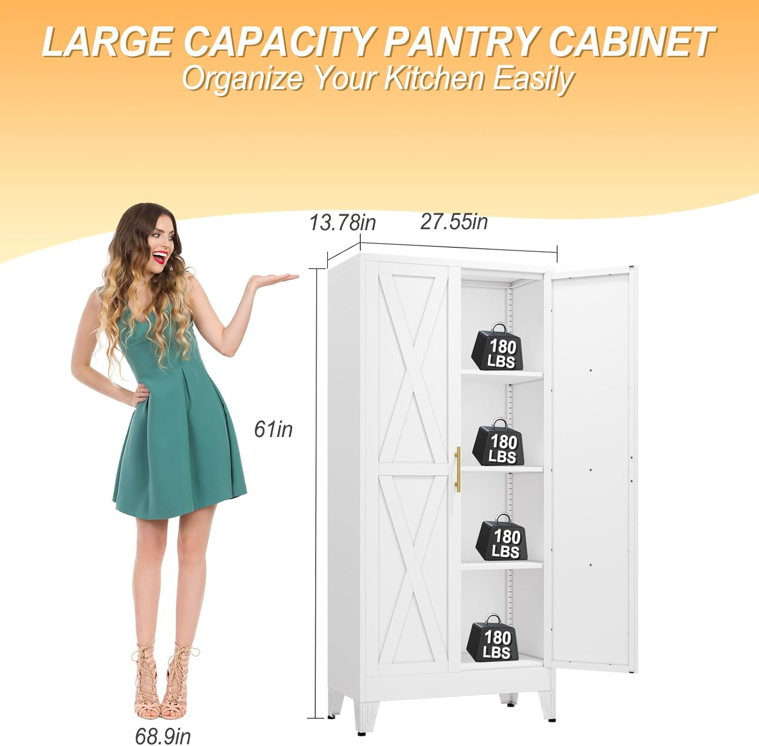 61" H Metal Kitchen Pantry Storage Cabinet, Freestanding Cupboard with 2 Doors and 3 Adjustable Shelves, Standing Storage for Kitchen, Bathroom, Garage, Dinning Room or Utility Room（White）