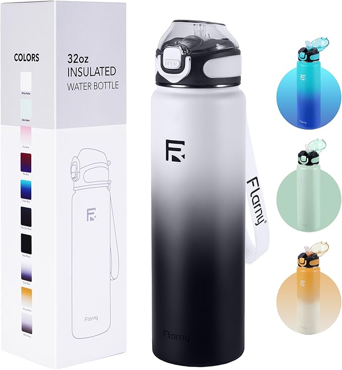 32 oz Insulated Water Bottle with Straw, Stainless Steel Metal Thermos Bottles, Durable Non-Slip Gradient Bottle with Strap for Sports and Travel, Leak Proof (Gray Black)