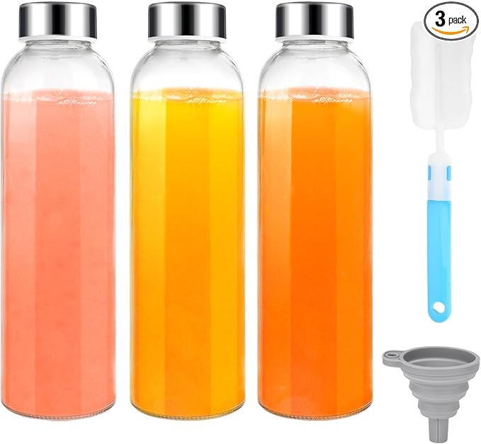 18 oz Glass Juice Bottles with Lids, Glass Juicing Bottles, Reusable Glass Water Bottles with Stainless Steel Airtight Cap for Refrigerator, BPA Free, Leak Proof, Eco-Friendly, Set of 3