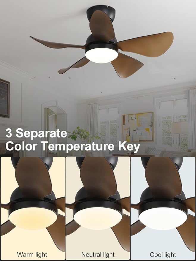 Sofucor Small Ceiling Fan with Lights Remote Control, 29'' Low Profile Ceiling Fan with Remote, Flush Mount Ceiling Fan with 3 Color Temperature, Black